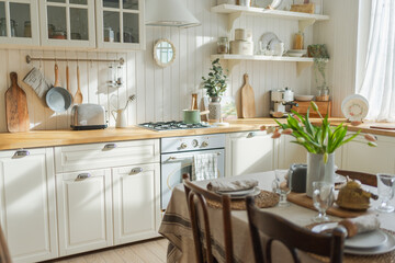 Scandinavian classic minimalistic kitchen with white and wooden details flowers. Modern white kitchen clean contemporary style interior design. Empty bright white interior minimal of kitchen