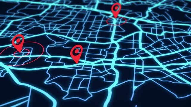 Red geolocation markers appear in different parts of the city map. Animation of geolocation appearing on the blue map. High quality 4k footage