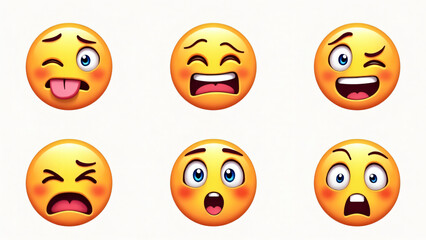 A vibrant collection of six expressive emojis showcasing a range of emotions, including happiness, surprise, sadness, and cheekiness, perfect for conveying feelings in digital communication