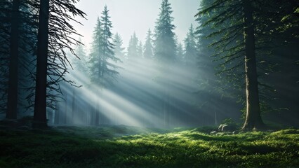 Obraz premium A serene forest scene with sunlight filtering through tall trees, creating a tranquil atmosphere.