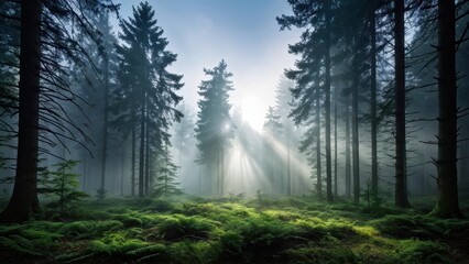 A serene forest scene with mist and sunlight filtering through tall trees.
