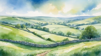 Obraz premium Irish landscape with rolling green hills and stone walls under a bright sky in a soft watercolor style