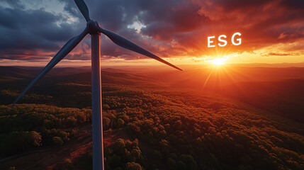 A wind turbine spinning with the letters "ESG" projected in the sky, symbolizing renewable energy and environmental responsibility.