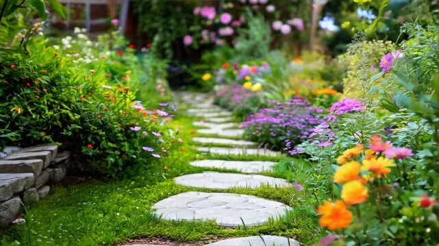 Vibrant Garden Path Serene Journey Through Colorful Flowers and Lush Greenery in Blooming Landscape
