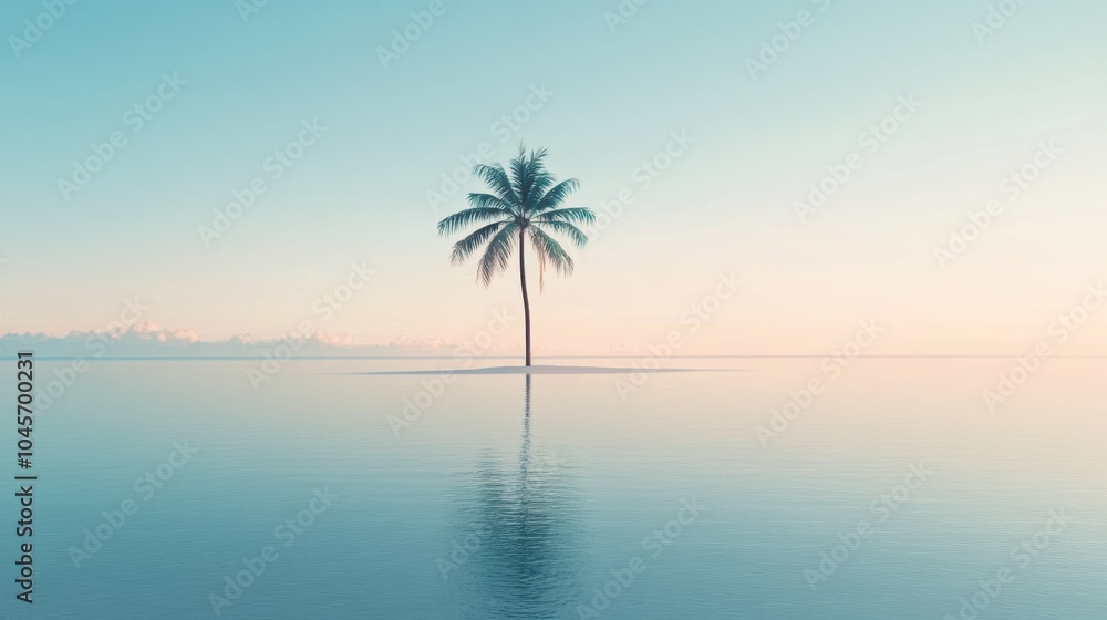 Poster the tranquil scene captures a minimalist tropical island with a single palm tree reflecting in calm 