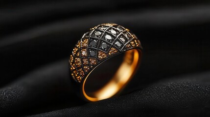 Black diamond and gold ring with spider web and gemstone bat motifs for Halloween, spider web ring jewelry, chic spooky accessories