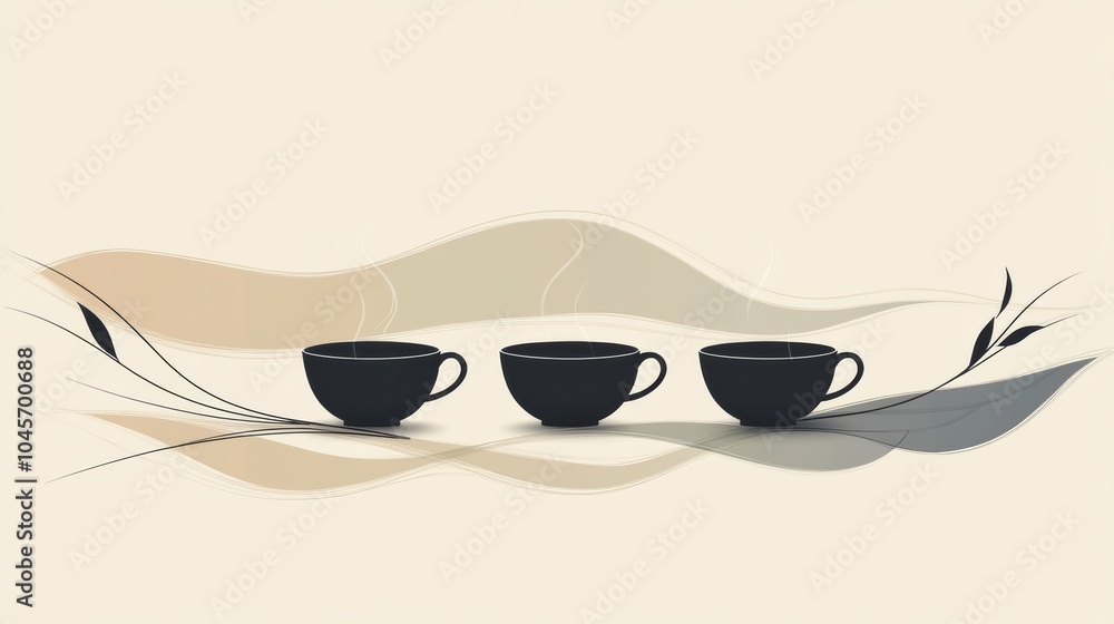 Poster intersecting lines form a harmonious composition of tea leaves and cups, conveying a sense of calmne