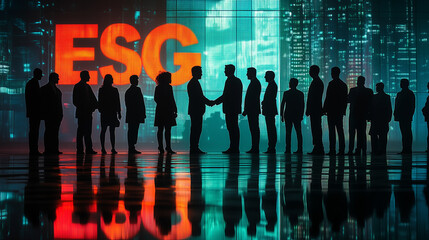 A diverse group of business leaders shaking hands under a large "ESG" sign in a futuristic office, symbolizing corporate ethics and governance.