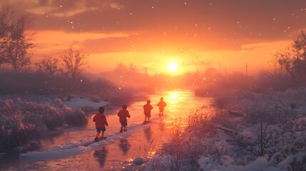 Four children, dressed in orange, play joyfully in a snowy landscape at sunset.