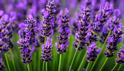 Obraz premium Vibrant lavender flowers in full bloom, showcasing rich purple hues and lush green stems.