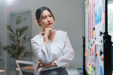 Asian project manager thinking while holding a pen and looking at a kanban board in the office at night