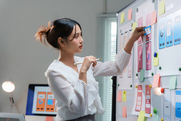 Young web designer is organizing her thoughts and workflow by pinning up user interface designs on...