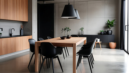 wooden dining table black chairs modern loft dining space concrete wall