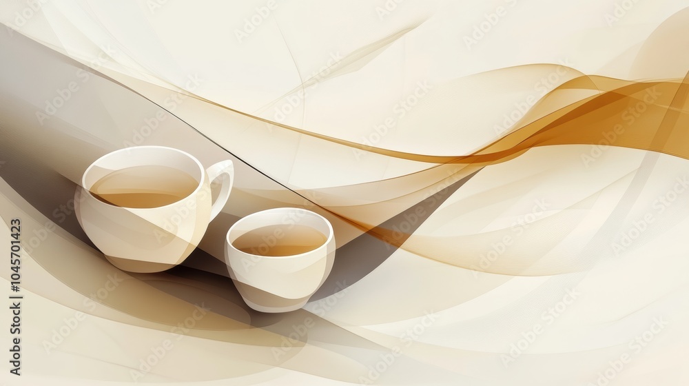 Poster Intricate lines intertwine to create a visual representation of tea leaves with cups, evoking a sense of tranquility and warmth. Generative AI