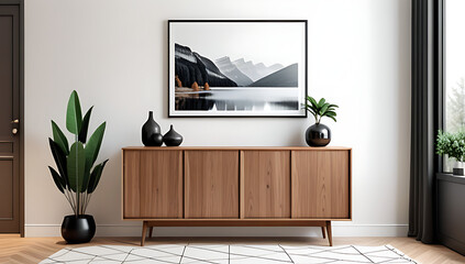 wooden sideboard poster create cozy interior space rendering realistic visual effect enhanced ambiance