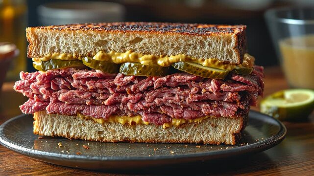Delicious pastrami sandwich being prepared