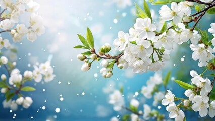 A serene close-up of white cherry blossoms against a soft blue background.
