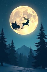 Christmas Card. Silhouette of reindeer flying in sleigh with Santa Claus against the background of full moon and starry sky over pine forest.