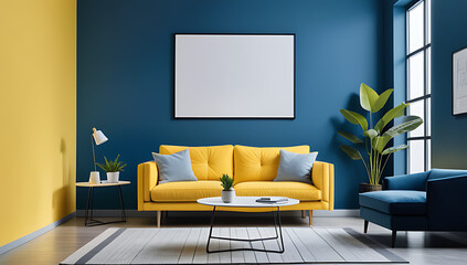 yellow sofa sits modern living room blue walls mockup poster interior design computer screen