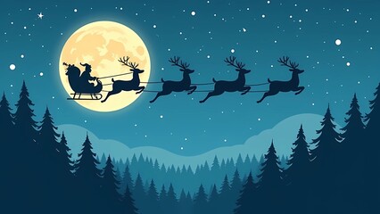 Naklejka premium Christmas Card. Silhouette of reindeer flying in sleigh with Santa Claus against the background of full moon and starry sky over pine forest.