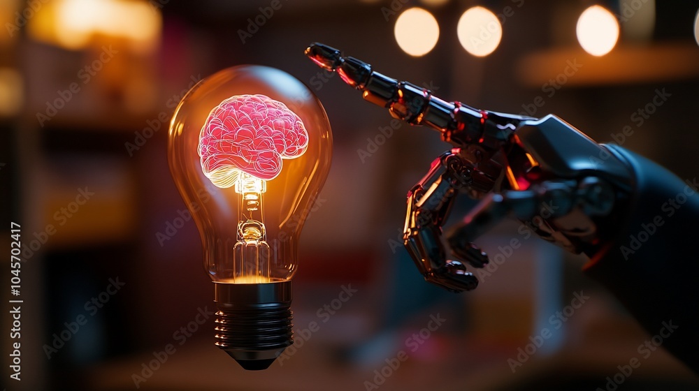 Aufkleber robotic hand pointing to a lightbulb with a brain inside.