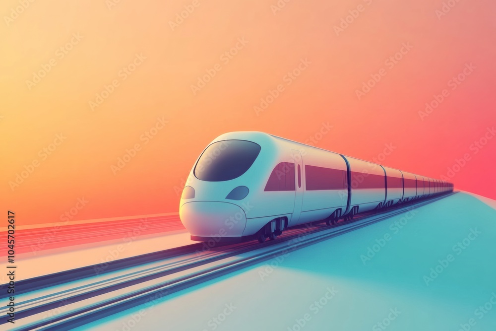 Poster a sleek train moves effortlessly along the tracks, set against a beautiful gradient sunset that enha