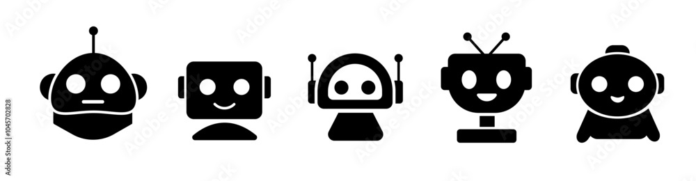 Aufkleber sets of black robot smiling face icon. futuristic cute help bots in minimalistic style.