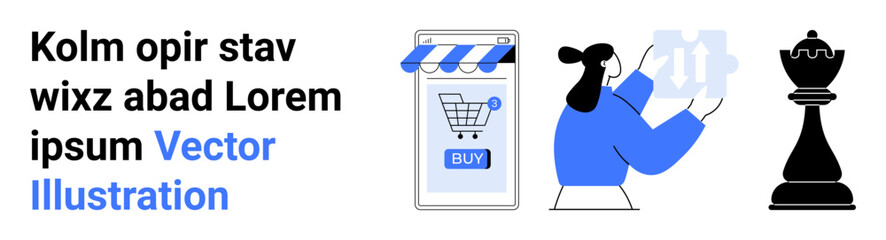 A person shopping online using a mobile app, a shopping cart icon, and a chess piece representing strategy. Ideal for e-commerce, digital shopping, strategic planning, mobile apps, retail. Banner