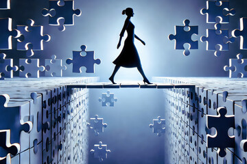 A silhouette of a woman walks on a puzzle piece bridge, surrounded by floating puzzle pieces in a surreal setting.