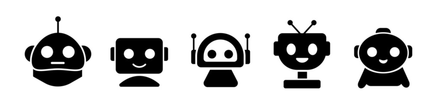 Sets of black robot smiling face icon. Futuristic cute help bots in minimalistic style.