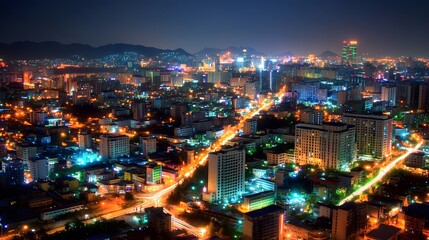 Obraz premium Stunning night view of a vibrant city skyline illuminated by colorful lights.