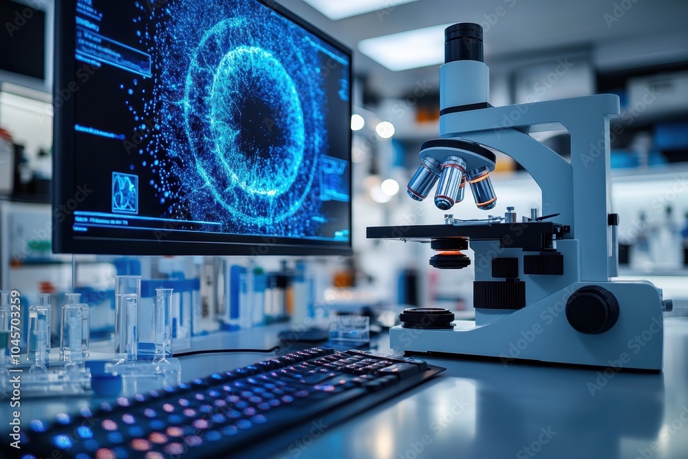 Poster modern laboratory setup featuring a microscope and computer with digital graphics in use