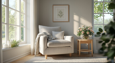 Cozy reading nook with armchair by a large window, sunlight filtering through, ideal for home interior inspiration, relaxation, and peaceful modern living room decor.