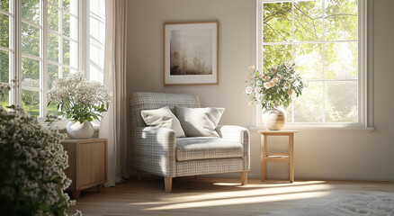 Cozy reading nook with armchair by a large window, sunlight filtering through, ideal for home interior inspiration, relaxation, and peaceful modern living room decor.