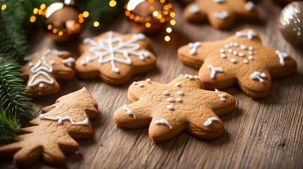 Fototapeta premium Decorated gingerbread cookies in the shapes of stars and Christmas trees are arranged on a wooden table. The cookies are frosted with white icing and have various decorations.