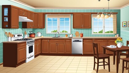 Fototapeta premium Cartoon Kitchen Room Background Image