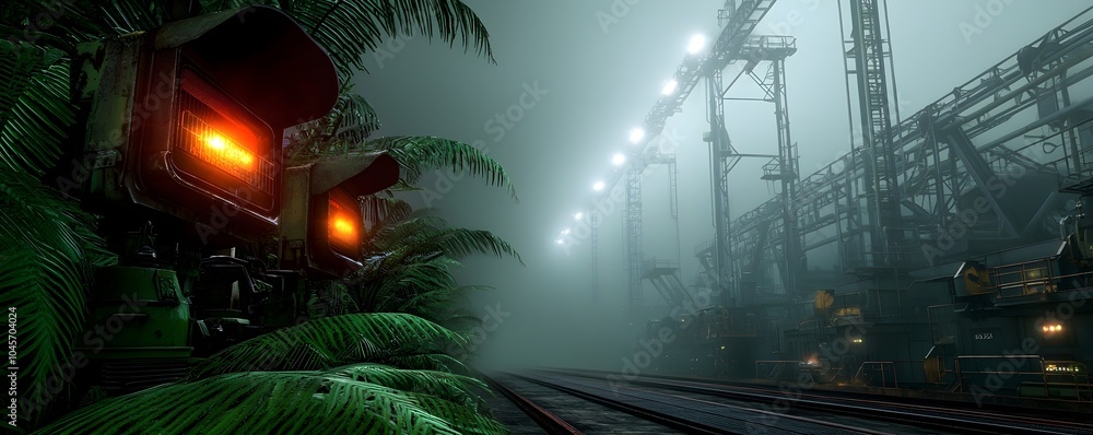 Poster futuristic sci-fi jungle road with weathered structures and glowing artifacts - a high-speed journey