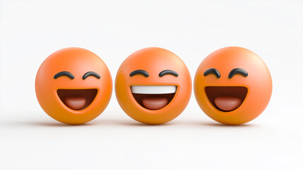 Three happy orange emojis on white background depicting joy and happiness.