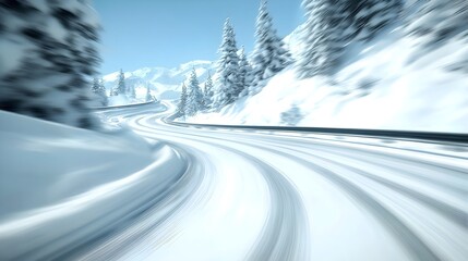 Fototapeta premium Futuristic Adventure on Hi-Speed Long Tail Road - Explore Ice Caverns Frozen Rivers Glowing Crystals with Advanced Vehicles