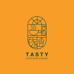 Coffee Logo with line art style icon design template vector. Retro style.  Vector illustration for Bakery and Coffee shop. Icons. Coffee bean, cup of coffee and croissant.