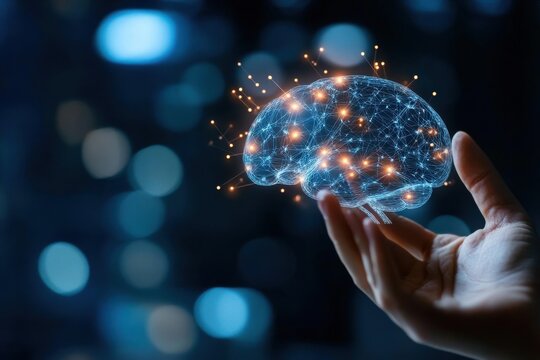 A glowing AI brain hovers above a hand, symbolizing the fusion of human intellect and artificial intelligence in an innovative technological landscape.