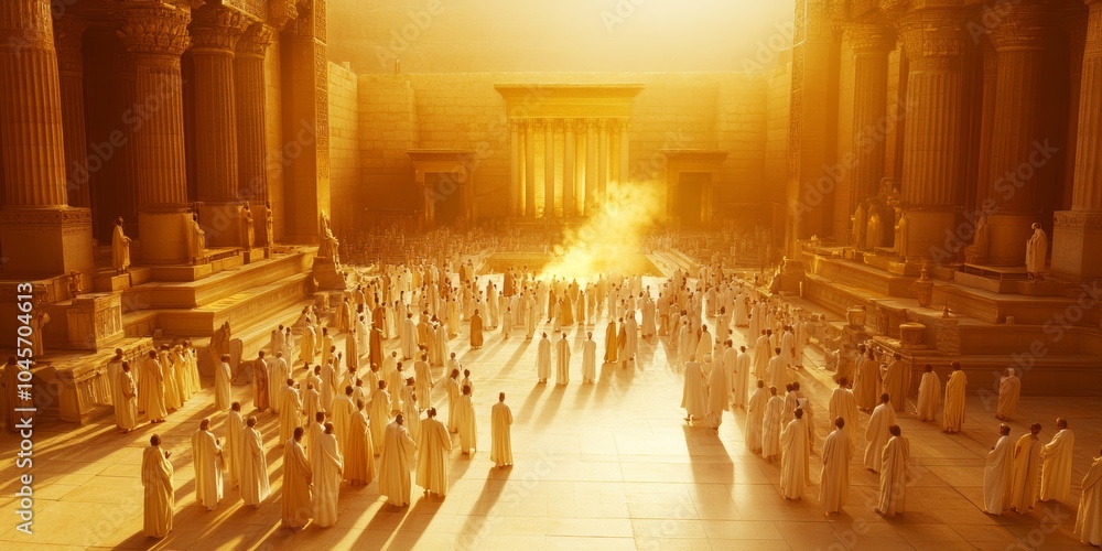 Wall mural majestic image of solomon s temple filled with priests and incense in a golden illuminated space, bi