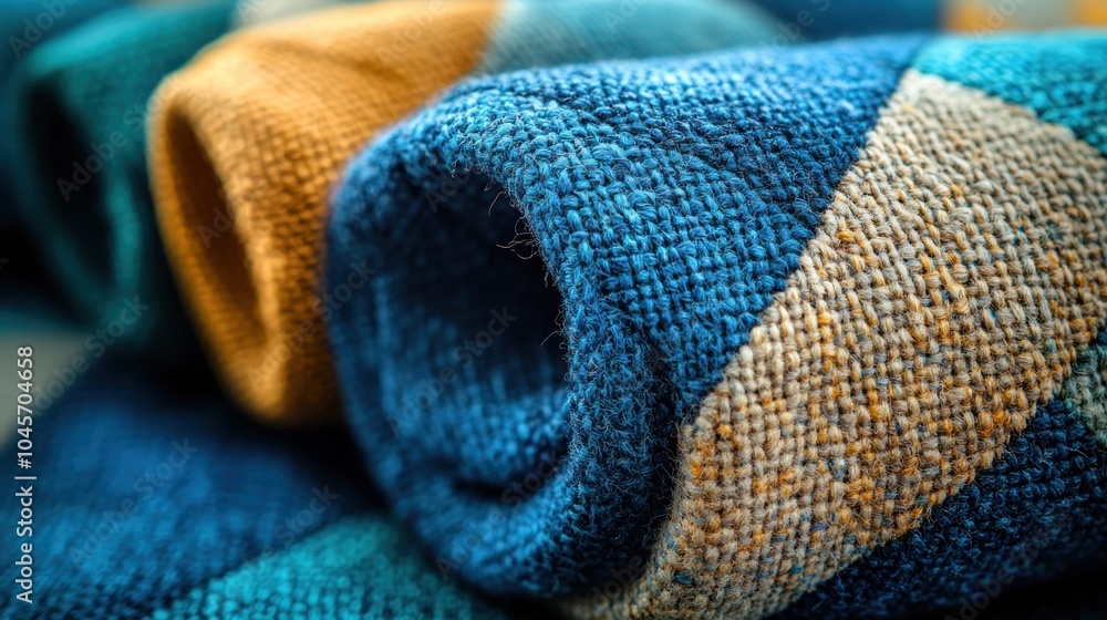 Poster close-up of rolled textiles showcasing vibrant colors and patterns.