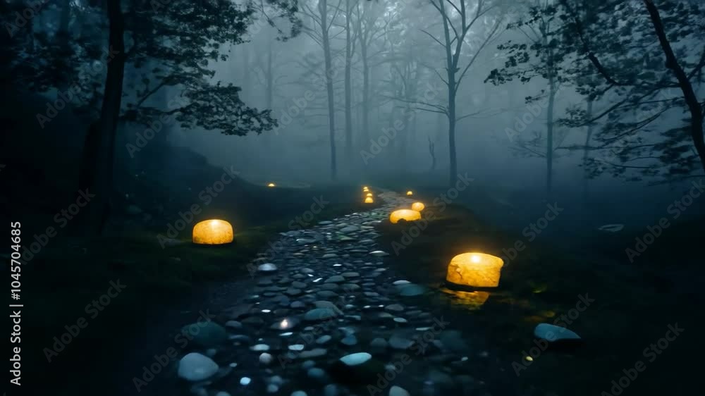 Poster a dark and foggy forest path with a stream of water and illuminated stones.