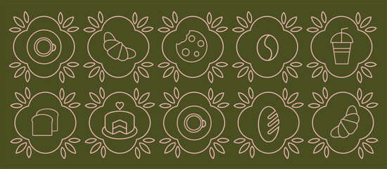 Hand drawn illustration of Bakery and Coffee. Icons. Abstract geometric line background. Gold luxury. Pattern for cover design, food package, menu, background, café wall, coffee shop, web banner