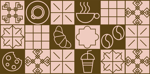 Hand drawn illustration of Bakery and Coffee. Icons. Abstract geometric line background. Gold luxury. Pattern for cover design, food package, menu, background, café wall, coffee shop, web banner