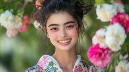 Fototapeta premium 文化とファッションデザインのための、花が咲き誇る中、着物を着た女性の春のポートレート