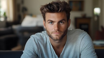 Fototapeta premium Thoughtful Caucasian man with blue eyes in a cozy living room setting.