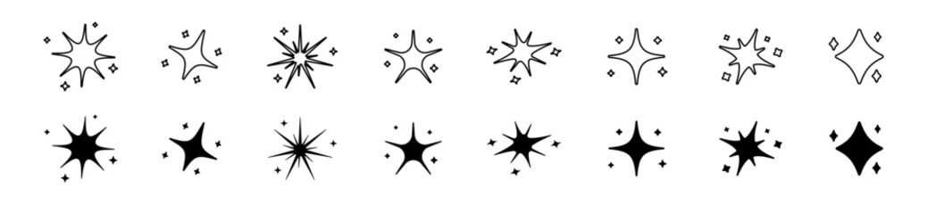 Set of minimalistic icon of black starts. pace minimalistic icons outline. Black sparkles icons.