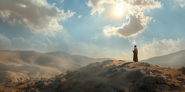 Elijah praying on mount Carmel with cloud formation under bright sunlight in barren landscape, Biblical religious stories, illustrations Christian faith in God